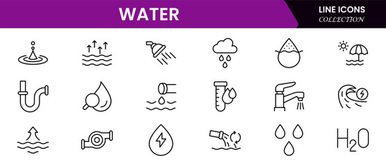 Water Related Vector Line Icons. Contains such Icons as Filter, Moister, Water Tap and more.