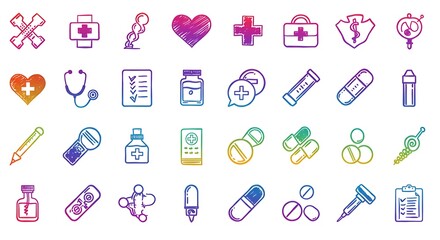 A collection of healthcare-related icons designed in bright rainbow hues, black and white, representing various medical symbols