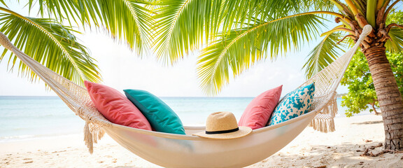 Naklejka premium Cozy hammock swaying above soft sand, tropical relaxation