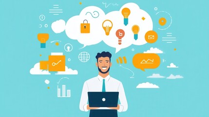 Smiling Businessman Brainstorming Ideas on Laptop, Blue Background