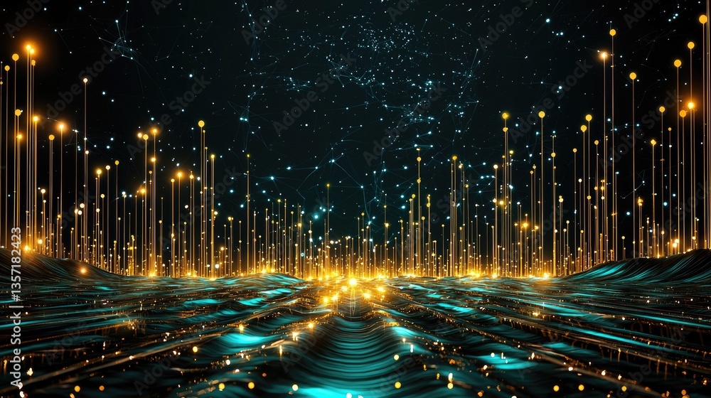 Poster sparkling digital particles, glowing points and tech streaks on dark abstract backdrop