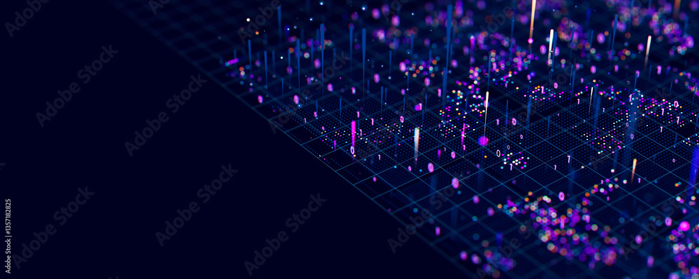 Poster Macro of quantum computing technology. Digital patterns of big data. Microworld of LLM AI learning process. Nano technology presentation. 3d render illustration