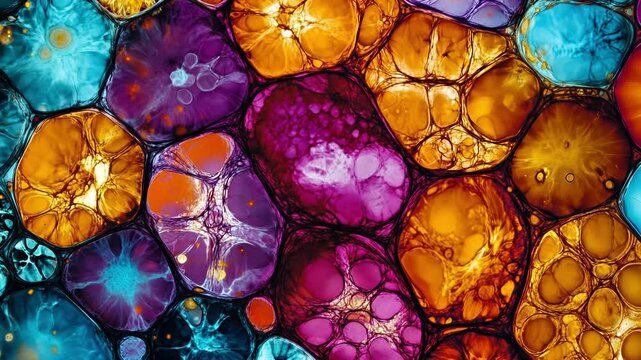 A striking image of a microscope slide prepared with stained immune cells showcasing their morphology under high magnification