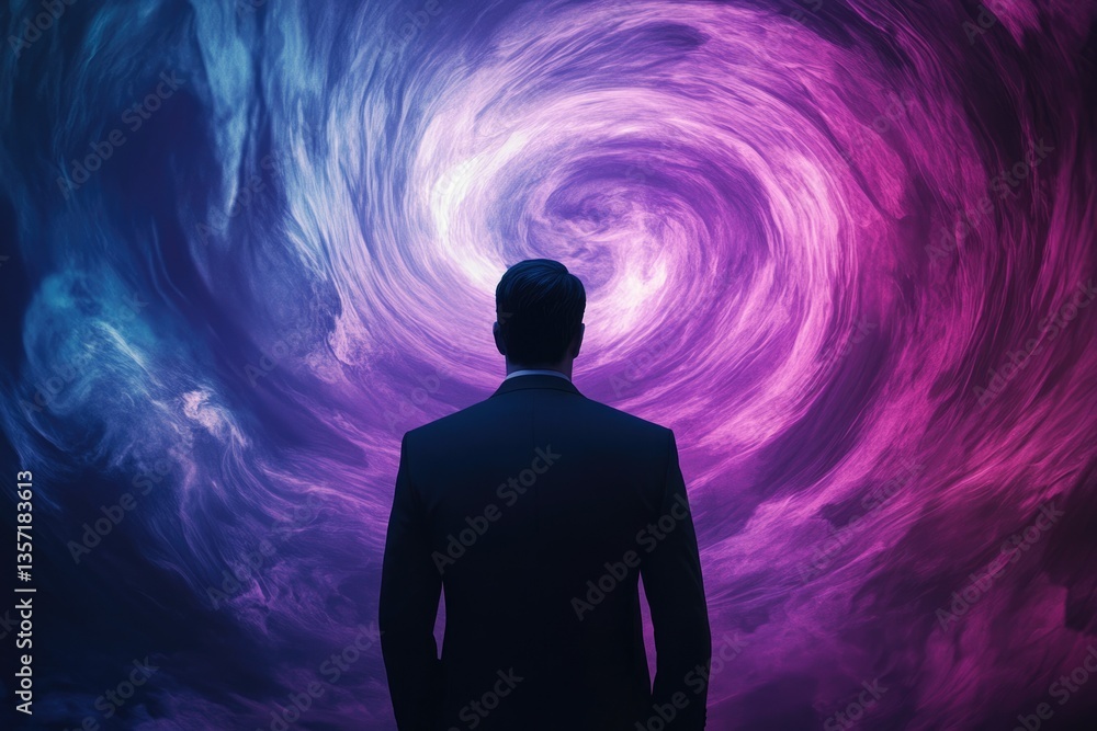 Aufkleber a man in a suit contemplates a swirling, cosmic nebula, symbolizing introspection and the vastness o