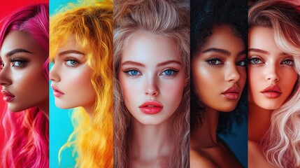 Obraz premium Five diverse young women with vibrant hair in colorful portraits