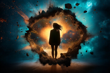 girl silhouette stands in center of explosion, surrounded by cosmic elements and debris, evoking sense of wonder and mystery