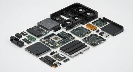 Obraz premium Detailed Disassembled Computer Components on White Background