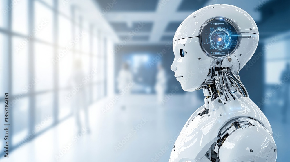 Poster futuristic robot with advanced technology in modern workspace