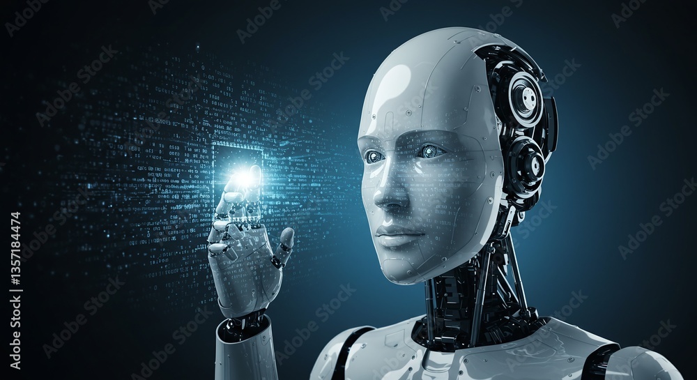Poster ai interface: a lifelike humanoid robot, designed with sleek aesthetics and intricate details, inter