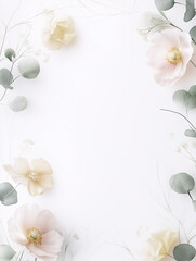 Floral arrangement with soft peonies and eucalyptus leaves on a white background creating a serene atmosphere for decoration