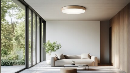 a modern living room interior with large windows and a comfortable sofa.