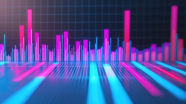 social media budget marketing. A vibrant digital visualization of data, featuring colorful bars against a grid background, representing statistical information.