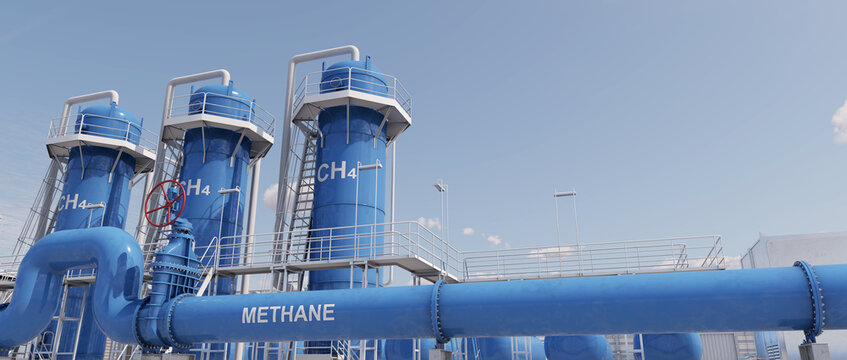 Facilities ensure the production of pipeline-quality methane for industrial and energy applications by removing impurities and recovering valuable natural gas liquids. 3D illustration.