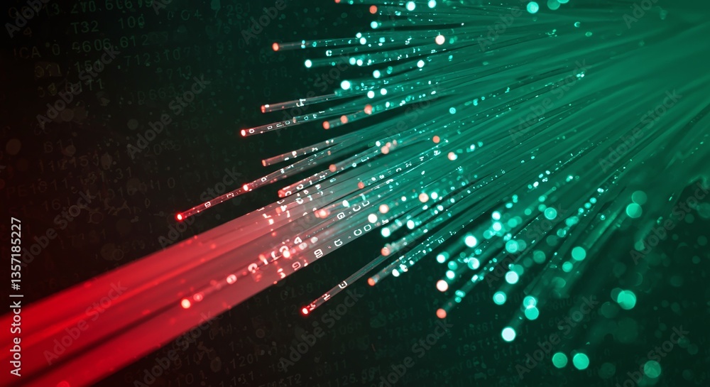 Poster data stream of light: a vibrant and mesmerizing display of interconnected fiber optic cables, pulsat