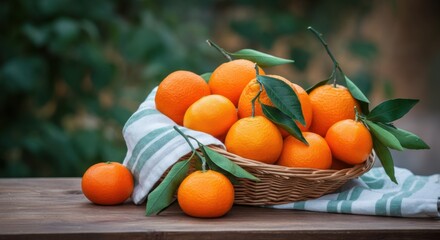 A wicker basket overflowing with vibrant oranges sits atop a wooden table