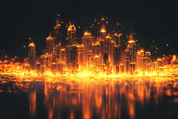 Fototapeta premium Vibrant city skyline illuminated by fiery lights reflecting on calm water at night