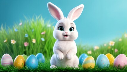A white rabbit standing on its hind legs in a field of grass.