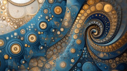 abstract spiral pattern design of gold and blue circular elements.