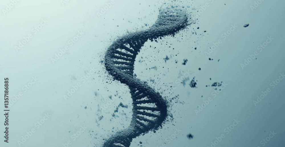 Poster a detailed representation of a dna double helix formed by small particles, set against a soft light 