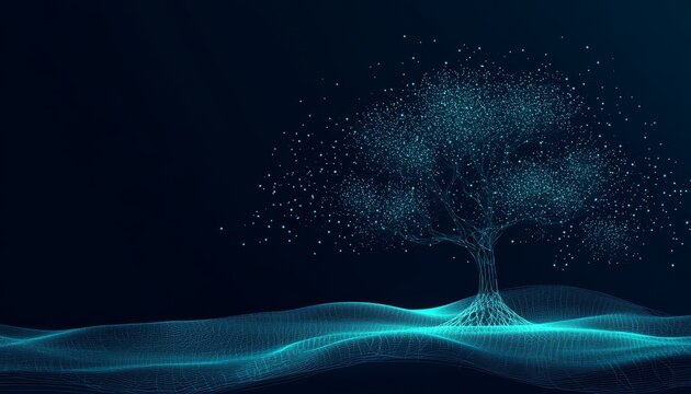 Abstract Glowing Tree Made Of Nodes and Connections. Big Data Technology, AI, Innovation Concept.
