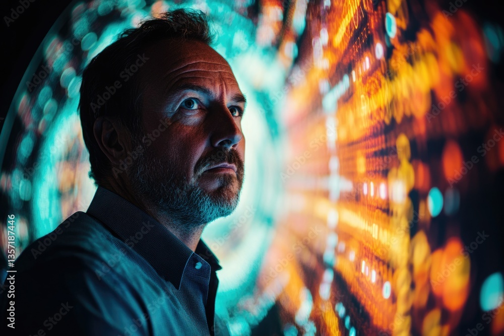 Poster a man contemplates a vibrant, abstract data visualization, reflecting on complex information and tec