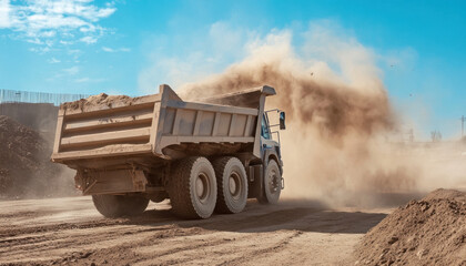 Obraz premium A dump truck is unloading sand at a construction site, creating dust clouds against a clear blue sky and bright sunlight