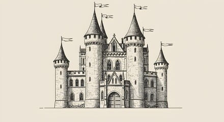Fototapeta premium Majestic castle sketch with fine lines, grand towers, and medieval charm.
