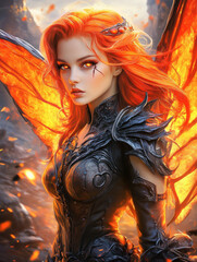A striking fantasy character with fiery orange hair and butterfly wings, adorned in dark armor, exuding an aura of power and mystique.