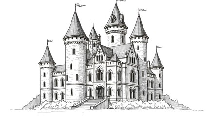 Majestic castle sketch with fine lines, grand towers, and medieval charm.