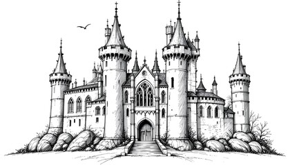 Fototapeta premium Majestic castle sketch with fine lines, grand towers, and medieval charm.