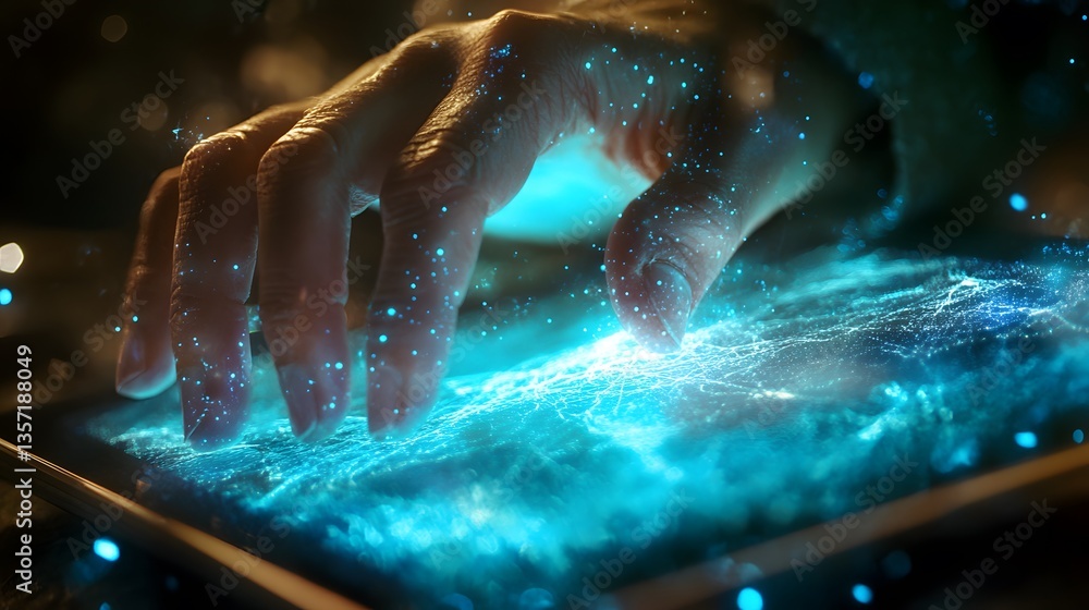 Poster digital touch: a person's hand interacting with a digital interface, exuding a luminous glow with mo
