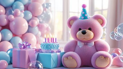 A cute pink teddy bear in a party hat sits beside a birthday cake and wrapped gifts, surrounded by pastel balloons and bubbles, creating a joyful celebration atmosphere.