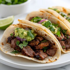 Delicious steak tacos with guacamole, cilantro, and onions on white plate