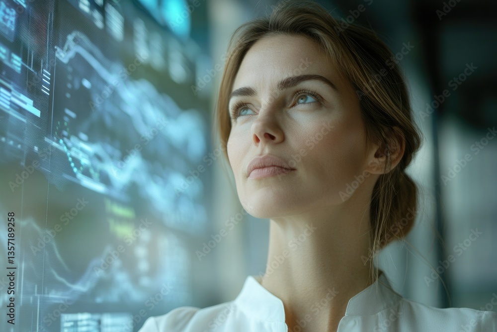 Aufkleber A woman thoughtfully observes a futuristic data visualization screen, contemplating complex information.