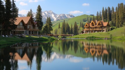 Naklejka premium Luxury Mountain Lake Lodges: Serene Reflection in the Rockies