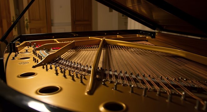 Close-up view of a grand piano's intricate soundboard mechanism.