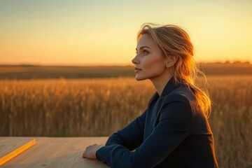 A woman in a dark blazer gazes at a golden sunset over a wheat field, feeling peaceful and contemplative.