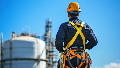 Fototapeta premium A man in safety gear observes operations at an industrial facility during a bright day, showcasing his commitment to workplace safety