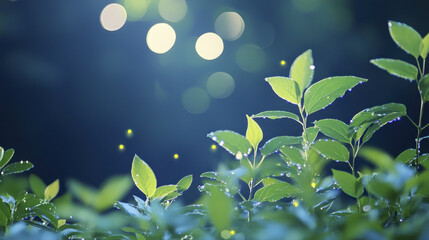Lush green leaves glisten with dew under soft bokeh lights, creating serene atmosphere
