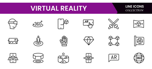 Virtual reality Icons vector illustrations with thin line contain headsets, immersive, avatar, augmented reality, controller, motion tracking, visualization, VR experience, projection.