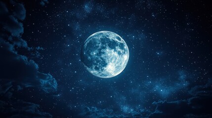 Full moon shining brightly in a night sky filled with stars and clouds.