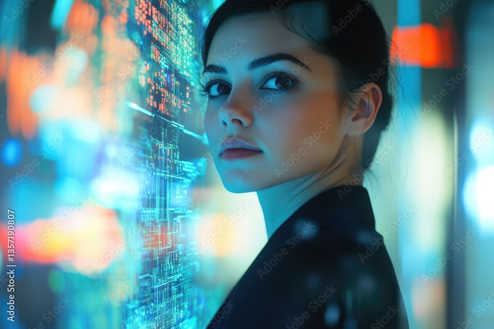 Poster a woman stands before a glowing screen filled with data, representing technology and innovation.