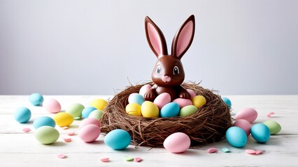 A chocolate bunny sitting in a nest filled with colorful Easter eggs.