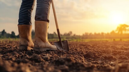 a person holding a shovel, standing in a field at sunset.