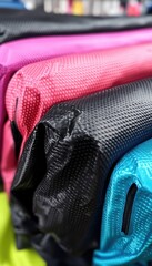 Close-up of colorful textured fabric rolls.  Various shades and patterns displayed, showcasing material texture.