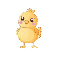 Smiling yellow chick with big eyes, standing.