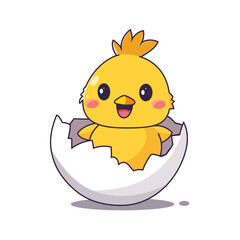 Cute chick hatching from eggshell with smile.