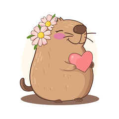 Fototapeta premium Adorable otter holding heart and wearing flowers.