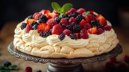 Delicious pavlova cake topped with whipped cream and fresh berries.