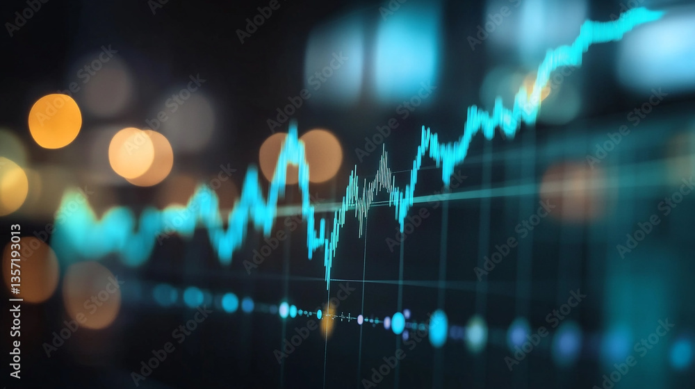 Poster a close up view of a blue line graph trending upwards with bokeh lights in the background on a scree